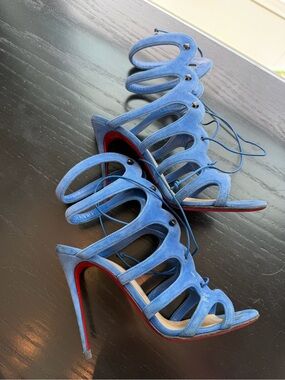 Christian Louboutin AMAZOULO Blue Suede Lace Up High-Heel Sandals 100MM, 38.5 💙